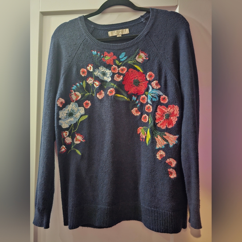 LOFT Floral Embroidered Navy Sweater